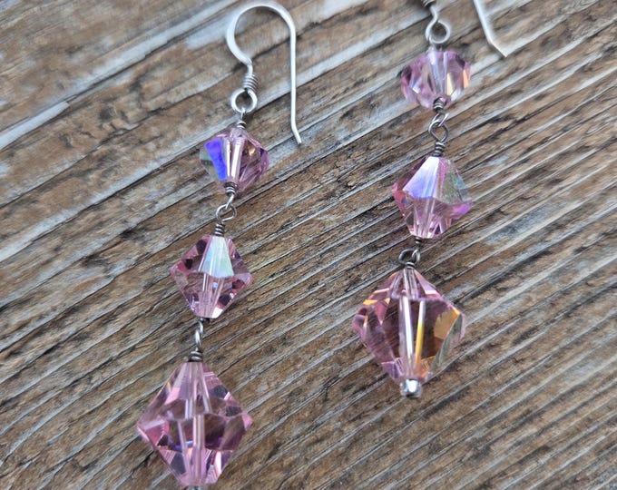 SWAROVSKI: Pink Crystal Colorful Wedding Prom Earrings Sterling Silver