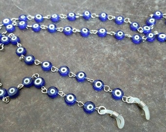 Blue EVIL EYE, Protection, Czech Glass Beads, Linked Silver Wire Eyeglass Chain