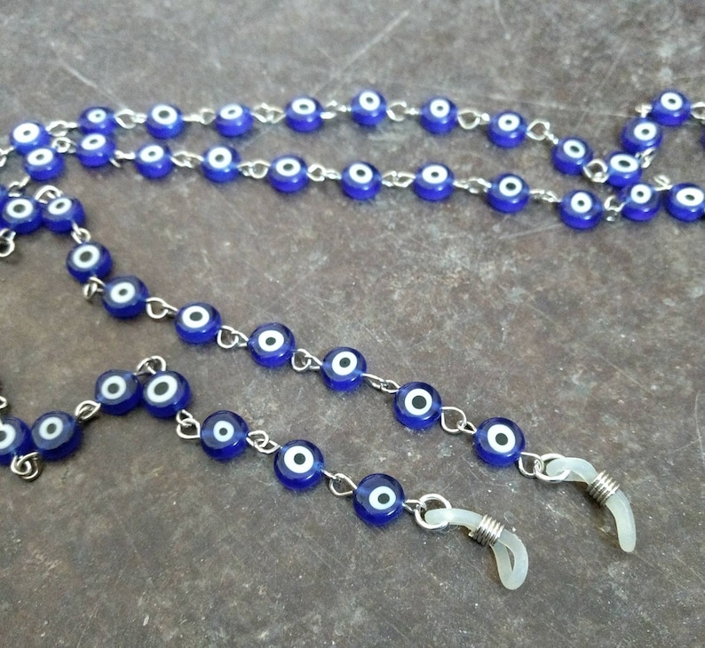 Blue EVIL EYE, Protection, Czech Glass Beads, Linked Silver Wire Eyeglass Chain image 1