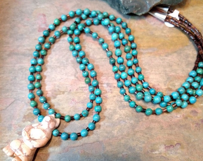 BEAR FETISH TURQUOISE Jasper 2 Strand Gemstone Sterling Silver Necklace