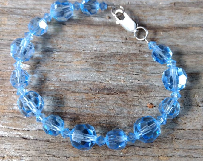 SALE: Light Sapphire Aurora Borealis AB BLUE Vintage Swarovski Crystal Bracelet Sterling Silver