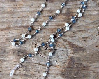 BLUE Flash, Czech Glass Beads & Pearl Beads, Linked, Silver Wire Eyeglass Chain