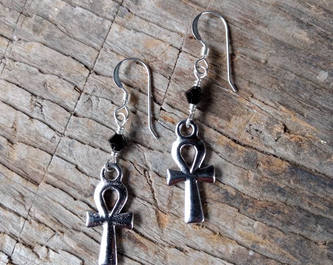 Ankh Pewter Charm w/ Black Swarovski Cyrstal Sterling Silver Earrings