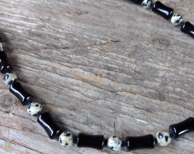 Black Onyx & Dalmatian Stone Jasper Natural Gemstone Sterling Silver Necklace