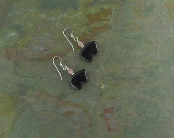 Bear Fetish Zuni Gemstone Earrings Sterling Silver Black Onyx & Rhodocrosite