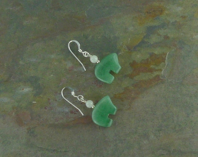 Bear Fetish Zuni Gemstone Earrings Sterling Silver Green Aventurine & Light Green Serpentine