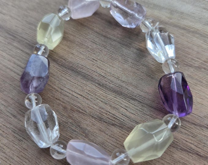 ROSE ROCk AMETHYST Citrine Quartz Mix Chakra Stretch Bracelet All Natural Semi-Precious Stones Healing Metaphysical