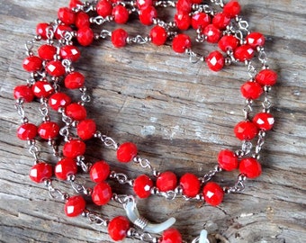 BRIGHT RED, Czech Glass Beads, Linked Silver Wire Eyeglass Chain