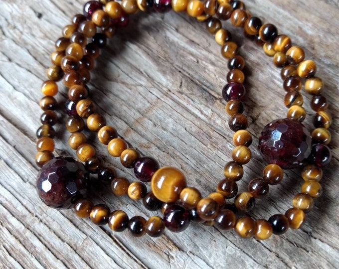 TRIO: TIGEREYE & GARNET Stretch Bracelets All Natural Semi-Precious Stones Healing Metaphysical