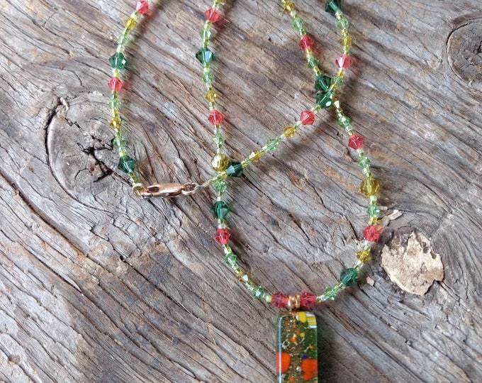 SALE: ARTISTIC Lampwork Green & Orange with Gold Flecks Glass Pendant with Swarovski Crystal Beads