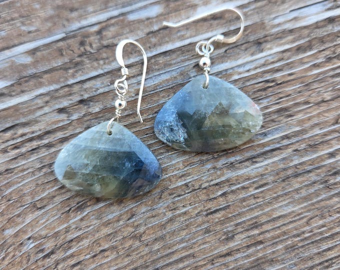 SAPPHIRE Slice Faceted Rough Sapphire Gemstone Earrings Sterling Silver Natural Stone