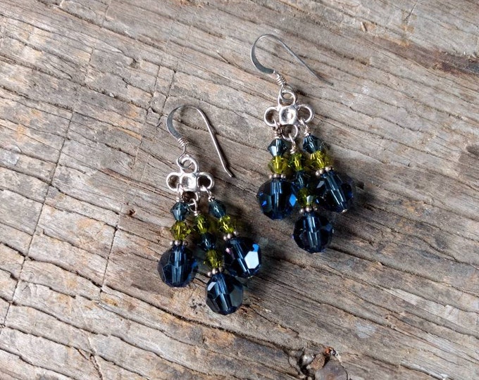 CHANDELIER EARRINGS: Blue & Green Swarovski Crystal Colorful Wedding Prom Sterling Silver