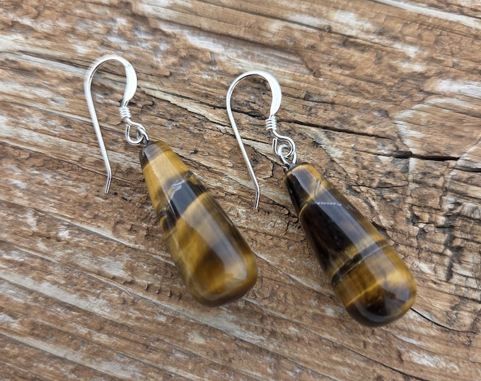 TIGEREYE TEARDROPS Gemstone Earrings Sterling Silver Natural Stone