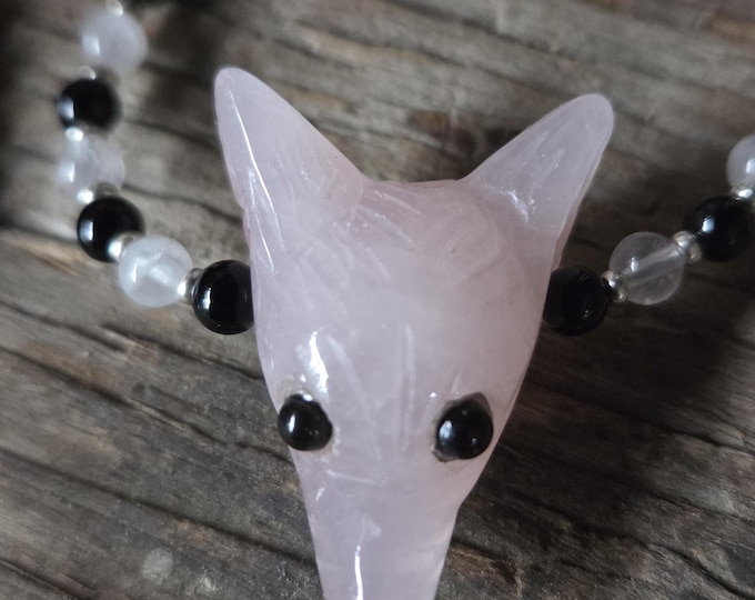 Carved WOLF Rose Quartz Black Onyx Natural Gemstone Sterling Silver Necklace
