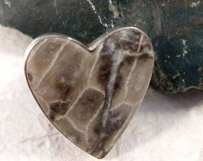 PETOSKEY Stone STATEMENT Ring HEART Fossil Coral Sterling Silver Size 8
