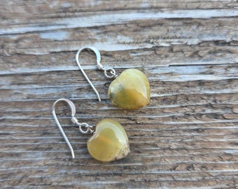 Yellow Opal HEART Gemstone Earrings Sterling Silver Natural Stone