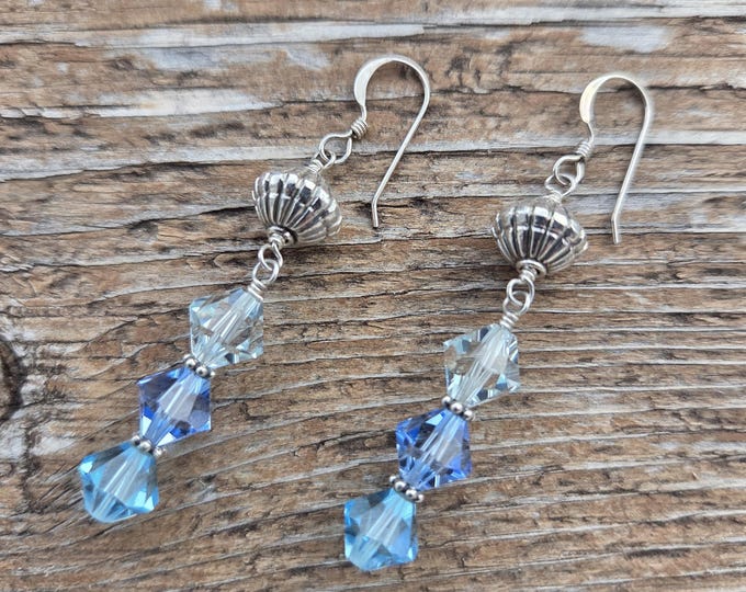 SWAROVSKI: BLUES Crystal Colorful Wedding Prom Earrings Sterling Silver