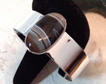 BANDED SARDONYX Stone STATEMENT Cuff Bracelet Sterling Silver Wide Band Wow!