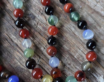 MALA: Multi Agate and Onyx Beads Silk Tassel Necklace 108 Count Plus Guru Bead