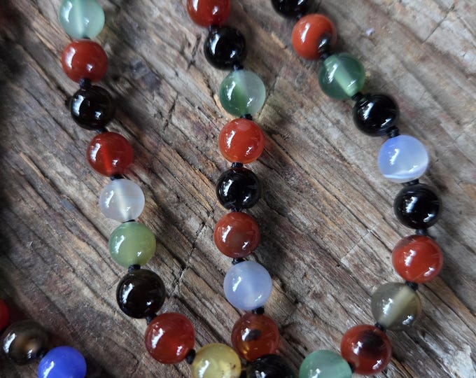 MALA: Multi Agate and Onyx Beads Silk Tassel Necklace 108 Count Plus Guru Bead