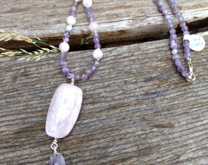 Amethyst & KUNZITE Chakra Necklace All Natural Semi-Precious Stones Healing Metaphysical