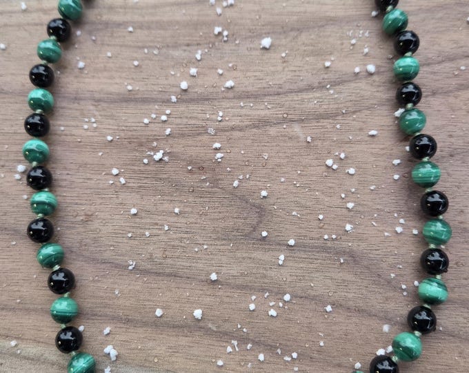 Malachite Black Onyx Knotted Beaded Necklace Sterling Silver Clasp