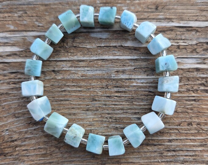 LARIMAR GENUINE CUBE Chakra Stretch Bracelet All Natural Semi-Precious Stones Healing Metaphysical