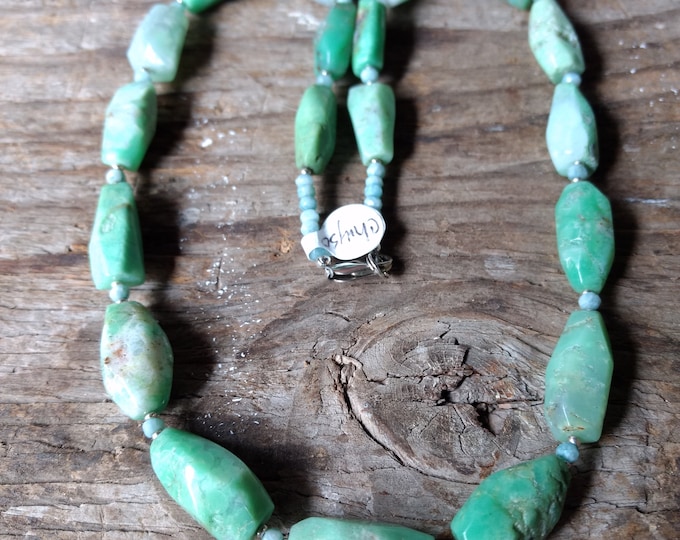 CHRYSOPRASE & AMAZONITE Beaded Necklace All Natural Semi-Precious Stones Sterling Silver