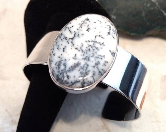 DENDRITIC AGATE Stone STATEMENT Cuff Bracelet Sterling Silver Wide Band Wow!