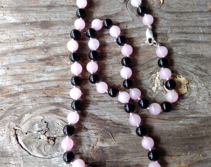 ROSE QUARTZ & BLACK Onyx Chakra Necklace All Natural Semi-Precious Stones Healing Metaphysical
