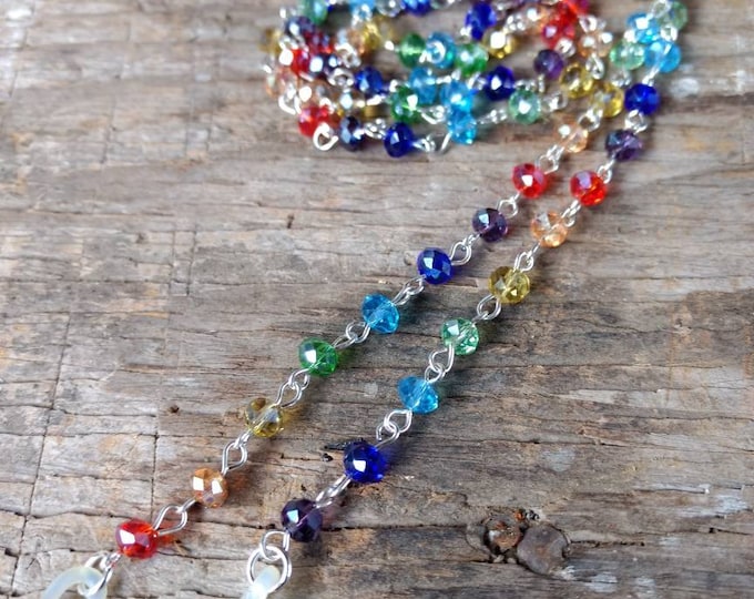 RAINBOW SPARKLE Czech Glass Beads, Linked Silver Wire EYEGLASS Chain