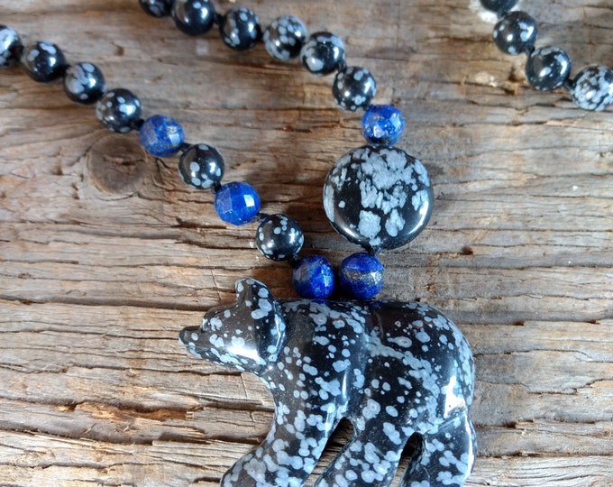 Carved Bear Snowflake Obsidian Lapis Lazuli Natural Gemstone Sterling Silver Necklace