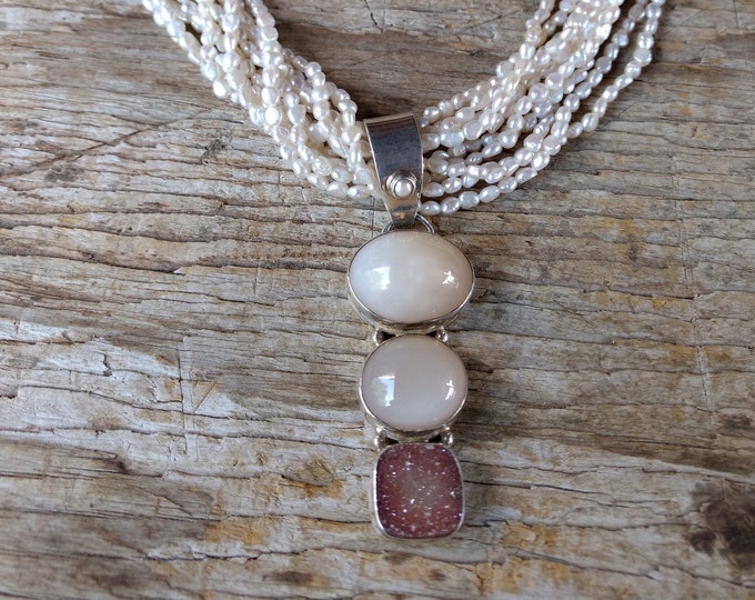 PEACH MOONSTONE DRUZY Quartz Freshwater Pearl Necklace All Natural Semi-Precious Stones