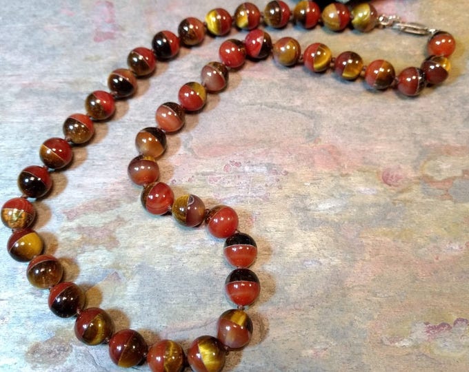 TIGER EYE & CARNELIAN Split Half Beads Gemstone, Silk Knotted, Sterling Silver Necklace