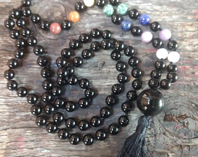 MALA: CHAKRA BLACK Onyx Beads Silk Tassel Necklace 108 Count Plus Guru Bead