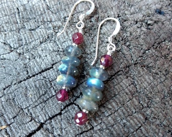 LABRADORITE & GARNET Gemstone Earrings Sterling Silver Natural Stone