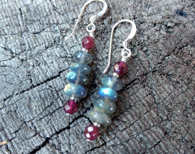 LABRADORITE & GARNET Gemstone Earrings Sterling Silver Natural Stone