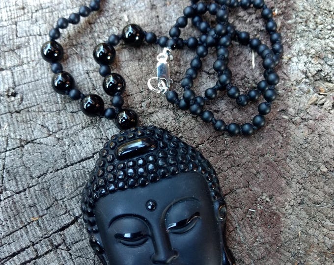 Carved BLACK ONYX BUDDHA Stone Natural Gemstone Sterling Silver Necklace