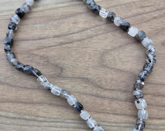 Tourmalinated Quartz Faceted Cube Necklace All Natural Semi-Precious Stones Healing Metaphysical