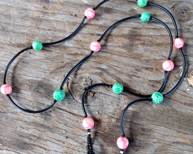 SALE: PINK & GREEN (Bright), Fimo Polymer Clay and Glass Beads Eyeglass Chain