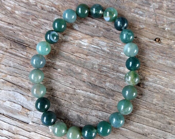 MOSS AGATE Chakra Stretch Bracelet All Natural Semi-Precious Stones Healing Metaphysical