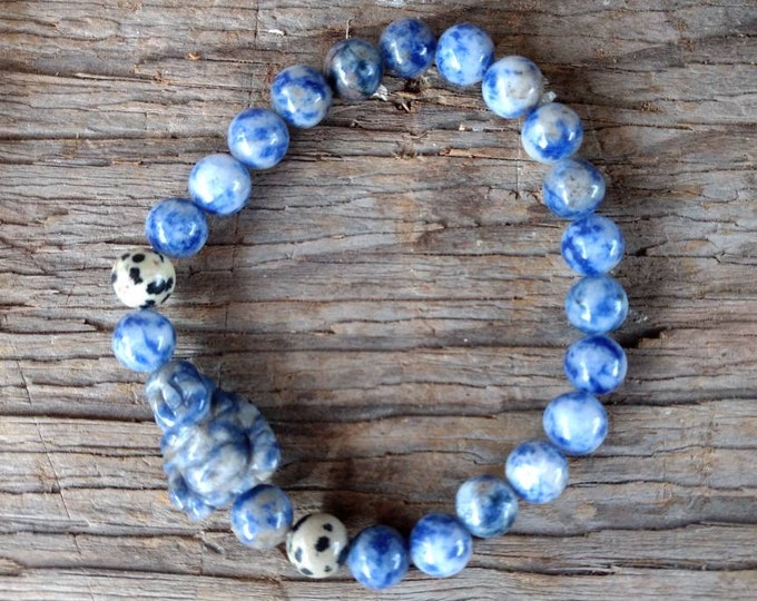 Denim Lapis & Dalmatian Jasper w/ Lapis Buddha Chakra Stretch Bracelet All Natural Semi-Precious Stones Healing Metaphysical