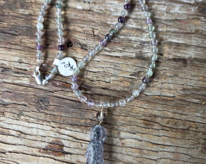 Carved Kwan Yin Rainbow Fluorite Sterling Silver Necklace
