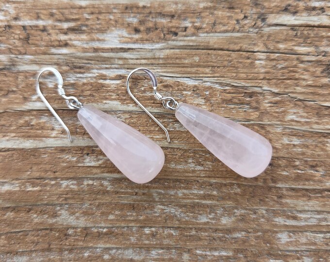 ROSE QUARTZ TEARDROPS Gemstone Earrings Sterling Silver Natural Stone