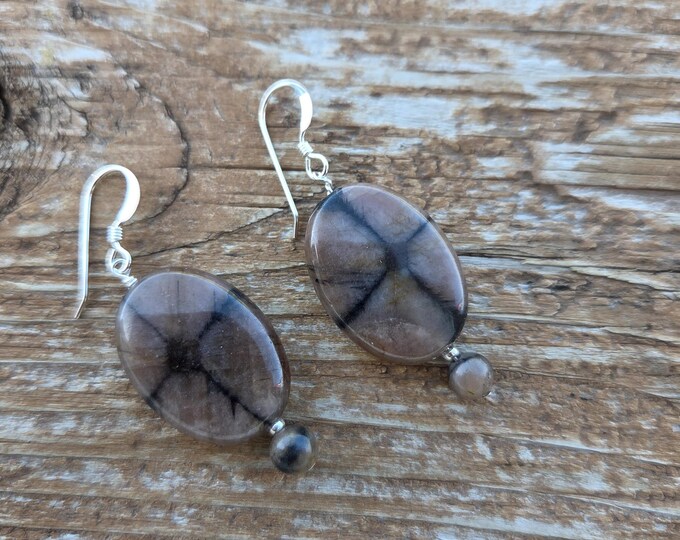 Chiastolite Gemstone Earrings Sterling Silver Natural Stone