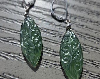 MOLDAVITE CARVED Stunning ~ WoW! Long Faceted Teardrops Gemstone Earrings Sterling Silver Natural Stone