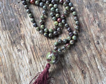 MALA: Dragon Blood Jasper 108 Count Plus Guru Bead Silk Tassel Necklace