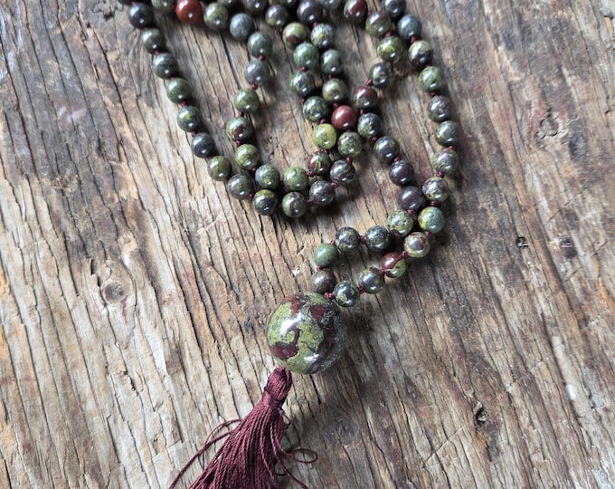 MALA: Dragon Blood Jasper 108 Count Plus Guru Bead Silk Tassel Necklace