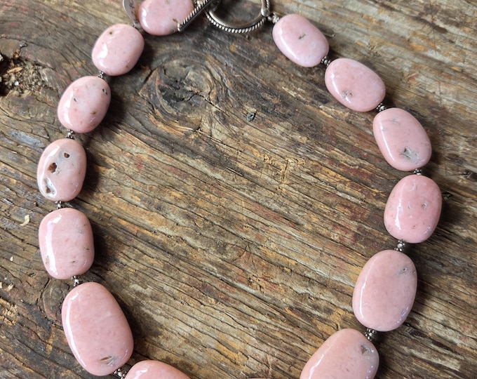 Large Chunky Pink Peruvian Opal Natural Gemstone Sterling Silver Necklace