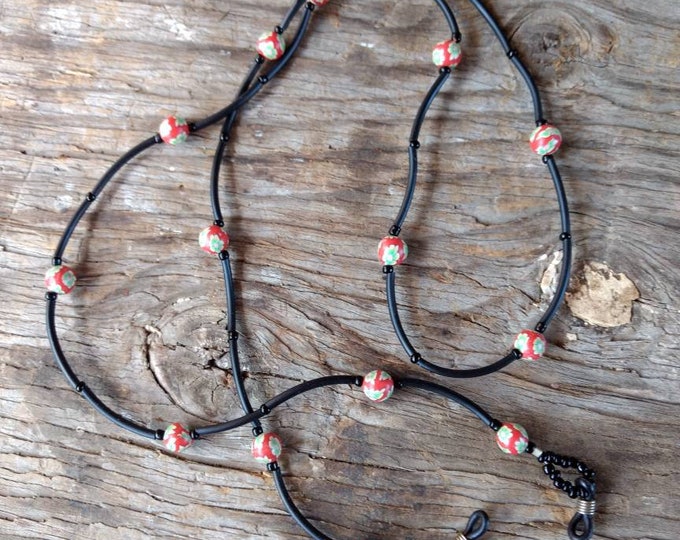 SALE: RED & GREEN Floral, Fimo Polymer Clay and Glass Beads Eyeglass Chain